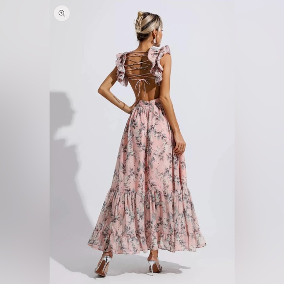 Pink Floral Backless Maxi Dress - Picture 3 of 8